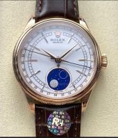 R+ Factory Counterweight Rolex Cellini Moonphase 50535-0002 39mm Rose Gold Brown Leather Strap White Dial